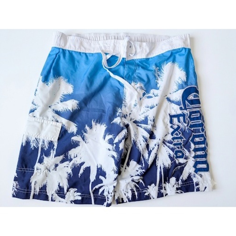 Corona Extra Mens Blue Ombre Palm Tree Board Shorts Swim Trunks Size XL 36 Waist